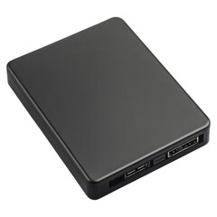 A sleek, black external hard drive with various ports on one side, designed for data storage and transfer.