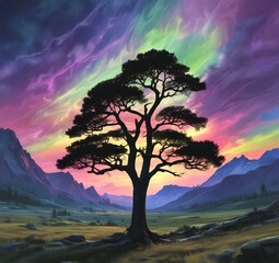 Illustration of landscape with aurora borealis.