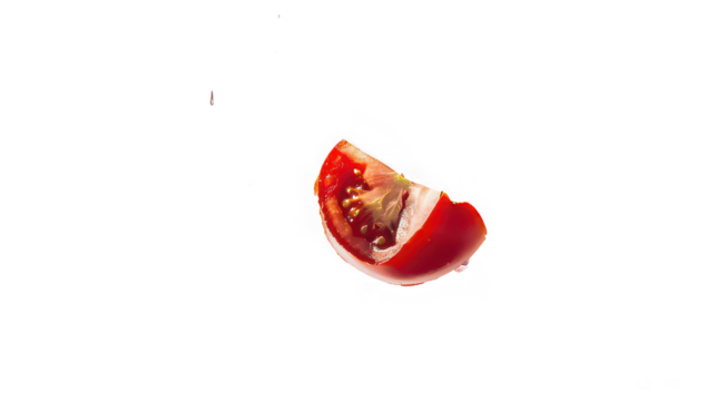 Falling tomato slice suspended mid motion isolateted on white background