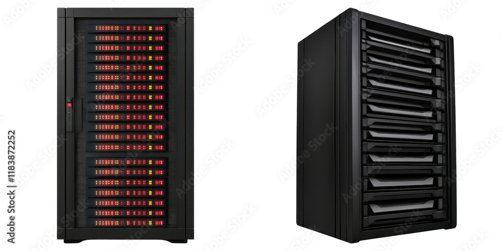 Poster a sleek server rack with multiple storage compartments, showcasing various colored lights for status