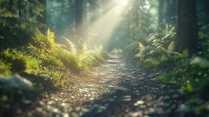 Obraz premium Sunlit Forest Path: A Serene, Dreamlike Landscape