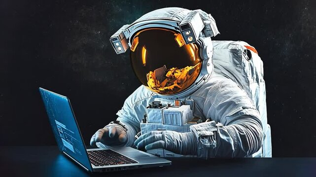 An astronaut sits at a desk, focused on a laptop, with a glowing helmet visor reflecting a vibrant world. The backdrop suggests a sci-fi atmosphere.