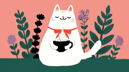 A cute, cartoon-style cat with a red bow holds a cup, surrounded by colorful flowers and plants against a pink background.