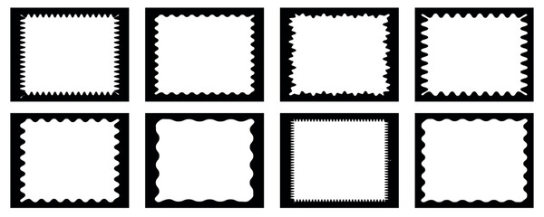 rectangle frame set. Text box frame works. Tags, labels, stamps, with curvy, wiggly, wavy edges crackers, coupons rectangle boxes  Decoration design elements isolated on white background.
