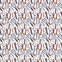 Watercolor seamless pattern with various repair tools
