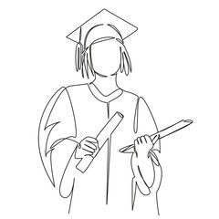 One continuous single drawing line art flat doodle doctor girl student, with diploma, graduation, education, joy, institute. Isolated image hand draw contour on a white background, hand drawn, not AI
