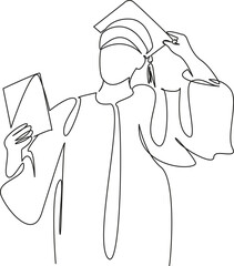 One continuous single drawing line art flat doodle doctor student, graduate, diploma, master, knowledge, studies, training, completion. Isolated image hand draw contour on a white background, hand dra