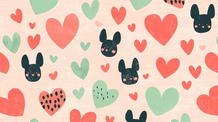 A playful pattern featuring black bunny faces and colorful hearts on a soft background, creating a whimsical and cheerful design.