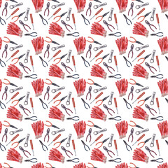 Watercolor seamless pattern with various repair tools