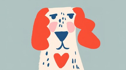A playful, cartoon-style illustration of a dog with colorful fur and a heart symbol on its chest, set against a soft backdrop.