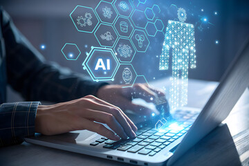 Person Using Laptop with AI Graphics and Technology Symbols