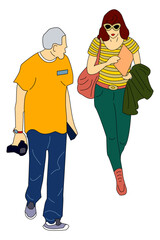 Man with the dslr camera and woman walking together discussing a project. Walking and talking couple. Flat style illustration.