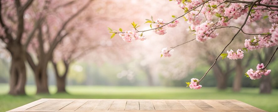 Wooden table under blooming cherry blossoms with a scenic blurred background of a springtime park. Ideal for natural backdrops or seasonal promotional designs.