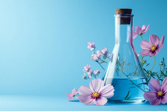 Floral arrangement with a glass laboratory flask filled with blue water and surrounded by pink flowers on a light blue background