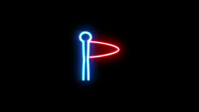 The blinking neon light of a navigation icon, against a black background.