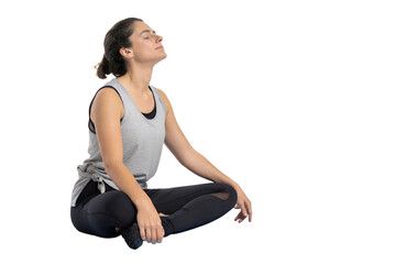 Fototapeta premium yoga woman with matt and bottle isolated