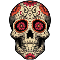 Sugar Skulls. Day of the Dead Skull, isolated on white background. Dia de los Muertos. Mexican sugar skull. Design for logo, emblem, sign, poster, card, banner. Vector illustration. Color	