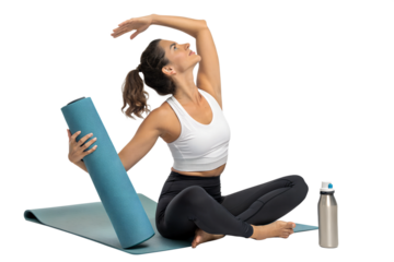 yoga woman with matt and bottle isolated