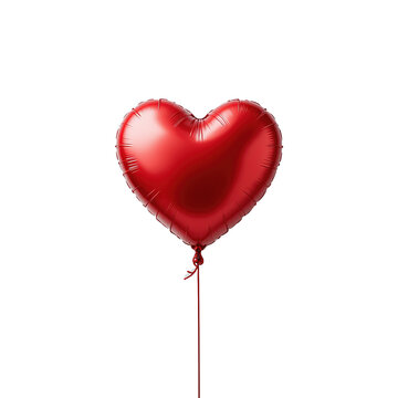 A shiny red heart-shaped balloon is shown isolated on transparent background.; it is tied with a red ribbon.
