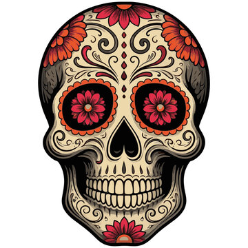 Sugar Skulls. Day of the Dead Skull, isolated on white background. Dia de los Muertos. Mexican sugar skull. Design for logo, emblem, sign, poster, card, banner. Vector illustration. Color	