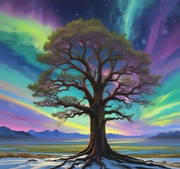 Illustration of landscape with aurora borealis.
