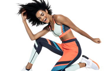 beautiful young woman with black hair in sports suit isolated on white or transparent png