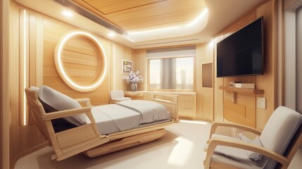 Cozy modern hospital room interior bed in row,VIP hospital room side view panoramic window on skyscrapers,design of relax and medical care space,copy space.