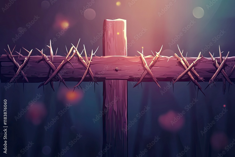 Wall mural Cross with crown of thorns and nails. Easter Sunday or Good Friday concept for poster or banner design. Christ our Passover, wooden cross and thorns with nails. Vector illustration 