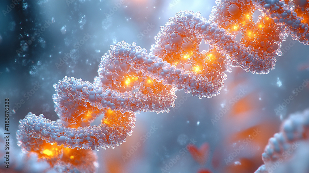 Poster the dna molecule is in the form of a double helix consisting of many small spheres that emit orange-