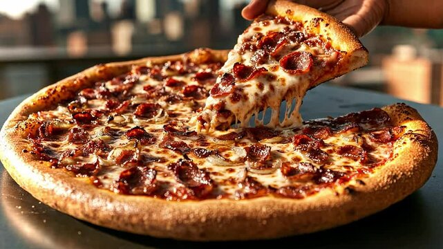 A person is pulling a slice from a large pizza topped with cheese, pepperoni, and sausage against a lively city backdrop during sunset.