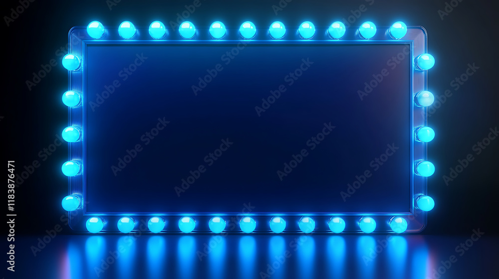 Aufkleber 3d blue rectangular retro frame with glowing lamps on dark background