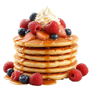 A stack of golden brown pancakes drizzled with syrup and topped with fresh berries and whipped cream isolated on transparent background.