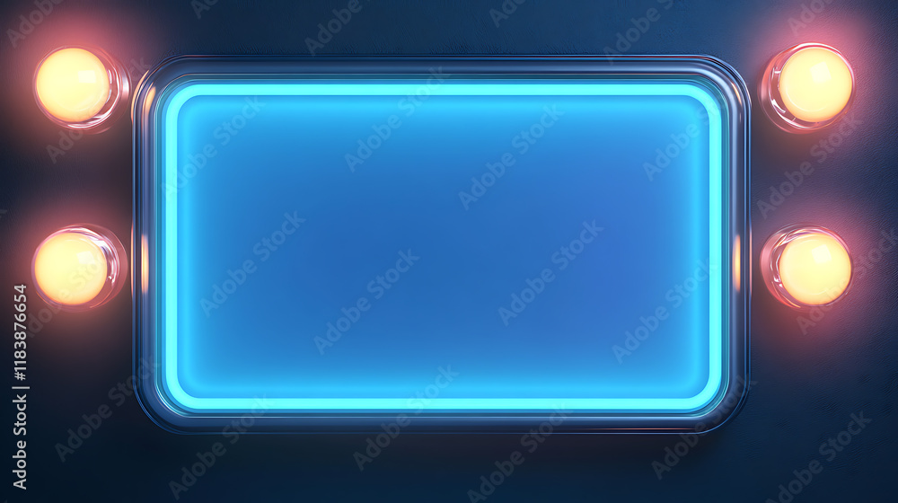 Poster 3d blue rectangular retro frame with glowing lamps on dark background