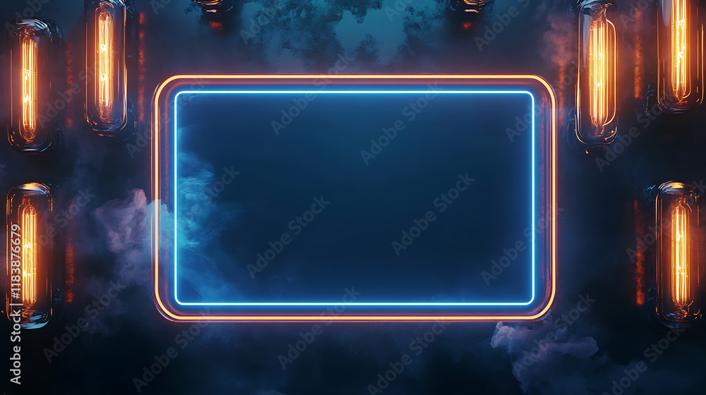 Aufkleber 3d blue rectangular retro frame with glowing lamps on dark background