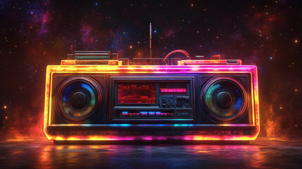 A retro-futurist boombox. It has a worn, vintage look, but is illuminated by bright neon lights in pink, orange and blue colors.