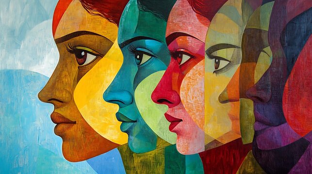 vibrant abstract artwork showcasing a series of colorful women's faces with stunning piece expressing diversity strength.