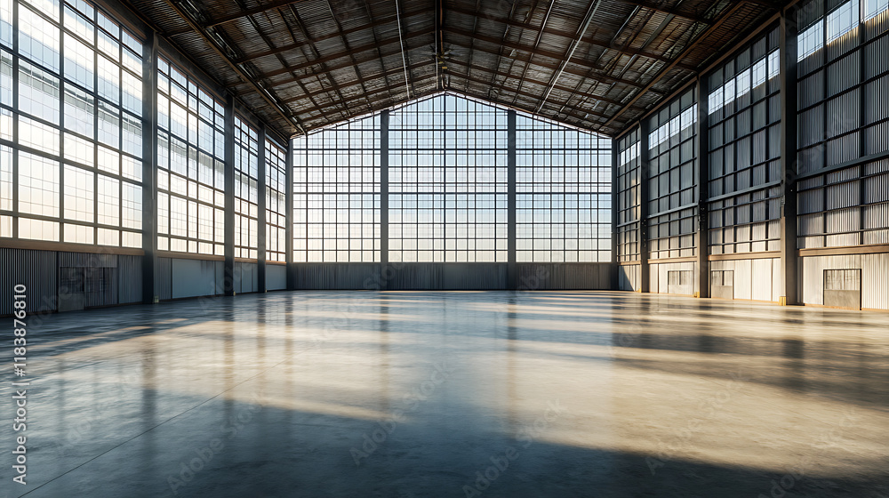 Leinwandbilder 3d illustration of an empty warehouse with a lot of windows, 3d rendering of large hangar building a