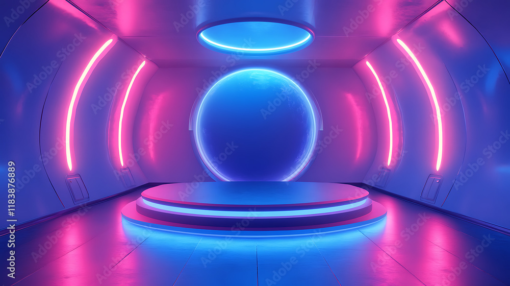 Poster 3d illustration of sci-fi product podium showcase in empty spaceship room with blue earth background