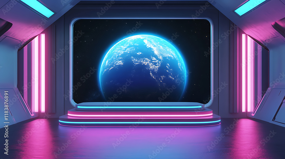 Poster 3d illustration of sci-fi product podium showcase in empty spaceship room with blue earth background