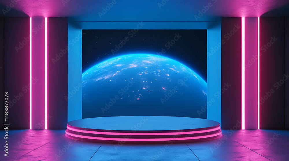 Aufkleber 3d illustration of sci-fi product podium showcase in empty spaceship room with blue earth background, blue and pink neon color tone