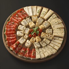 A round wooden board with several types of cheese, arranged in an artistic way to highlight their unique textures and colors. The edges have herbs for garnish, creating a visually appealing 