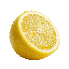 A close-up image showcases a juicy lemon half glistening with water droplets isolated on transparent background.