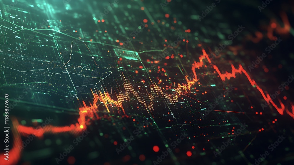 Poster abstract digital visualization of a stock market chart with red green lines show data trends for tec