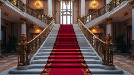 A grand staircase with red carpet in a luxurious palace interior