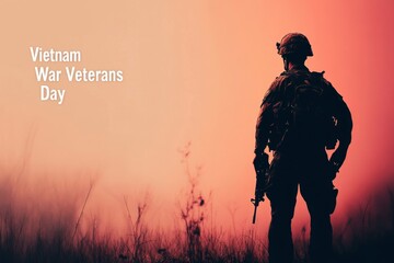 Vietnam War Veterans Day Honor: Silhouette of Soldier in Grassy Field at Sunset, Commemorating Military Service and Sacrifice