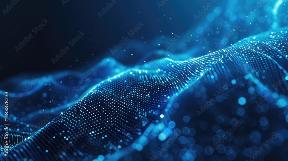 Poster explore an abstract representation featuring flowing blue waves composed of dots and lines, creating