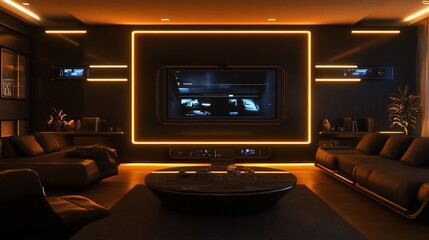 Naklejka premium Modern living room with futuristic entertainment system and ambient lighting.