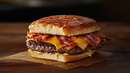 Juicy bacon cheeseburger on toasted bun, partially eaten, on wood.