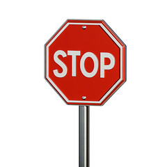 A classic red octagonal stop sign on a metallic post isolated on transparent background.