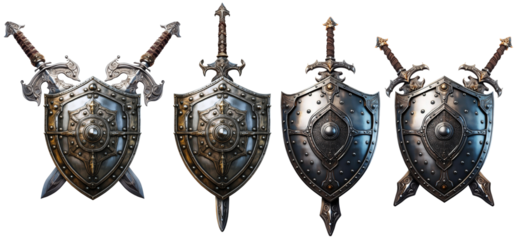 Close-up of medieval coat of arms with metal shield and swords, isolated on transparent or white background. Png. Collection and variation. Generative Ai.